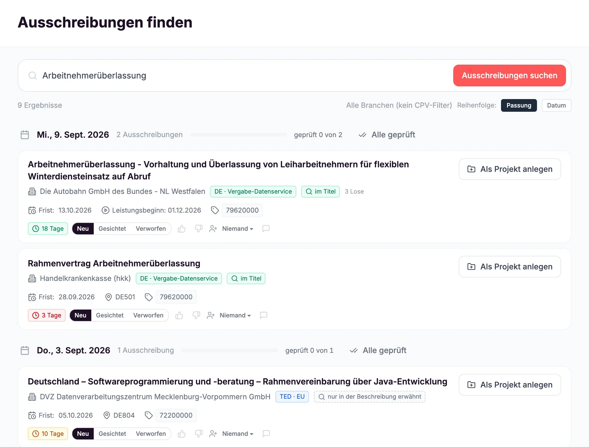 Portalsuche in validait: echte Treffer zu Arbeitnehmerüberlassung, unter anderem von der Autobahn GmbH des Bundes und der Handelskrankenkasse